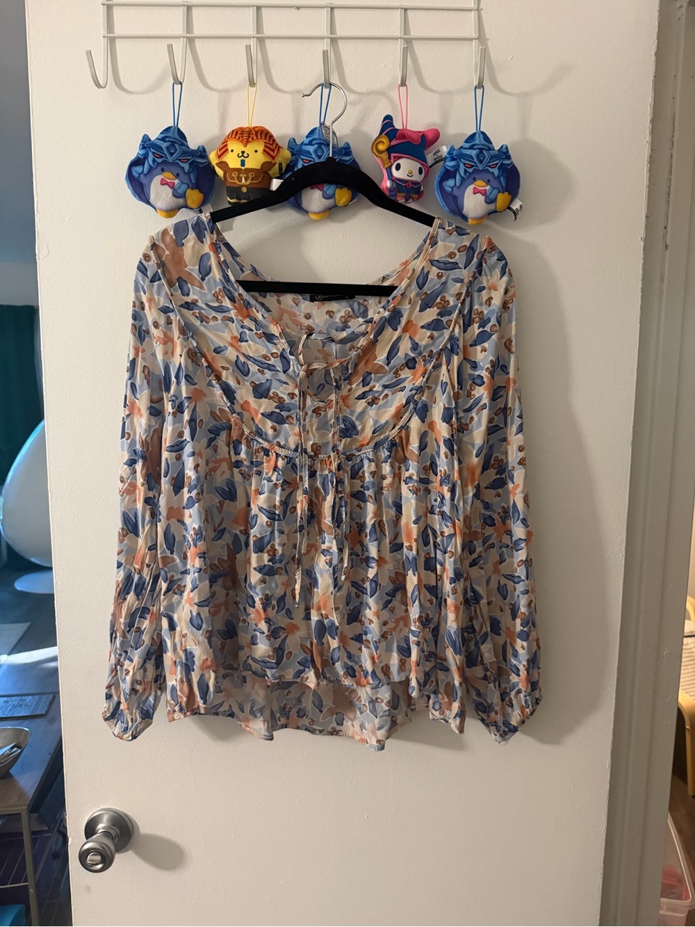 Women's Floral Peasant Blouse in Blue and Tan